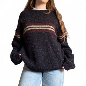 Vintage Cache Creek Black Speckled Sweater with Maroon and Cream Stripes S